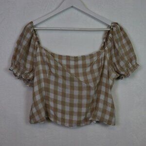 ABERCROMBIE & FITCH Tan Gingham Smocked Puff Sleeve Crop Top Size XL